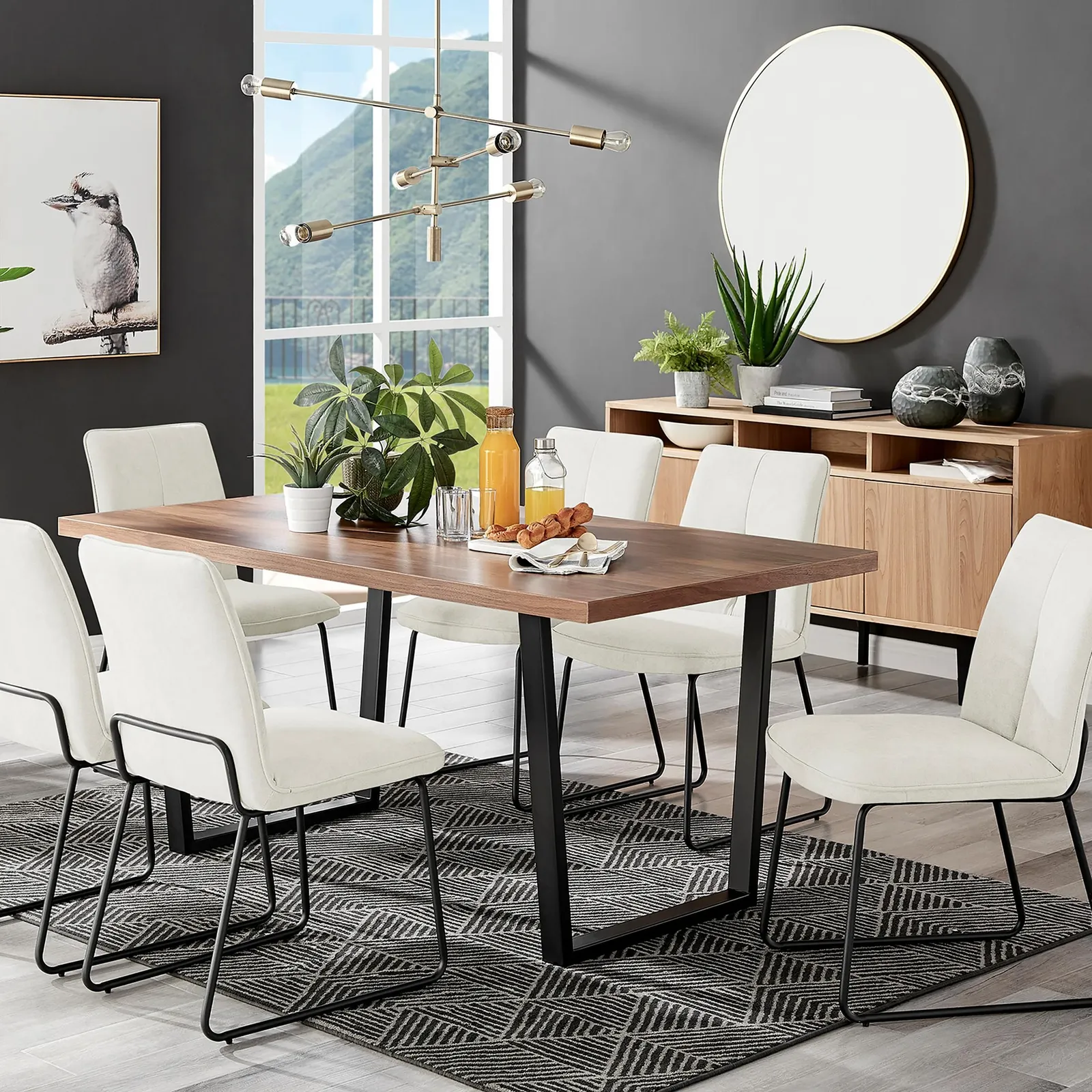 FurnitureboxUK Kylo Large Brown Wood Effect Dining Table & 6 Cream Halleyy Fabric Chairs 1