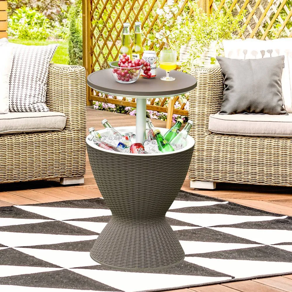 Costway 30L Patio Ice Cooler All-weather Cool Bar Table w/ Extendable Tabletop Party in Brown
