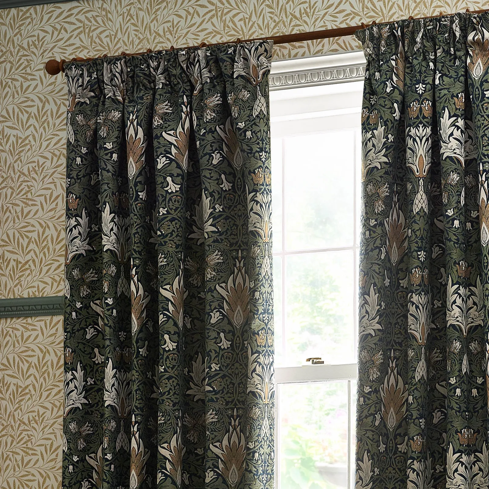 Morris & Co Snakeshead Jacquard Chenille Room Darkening Pencil Pleat Curtains in Indigo 4