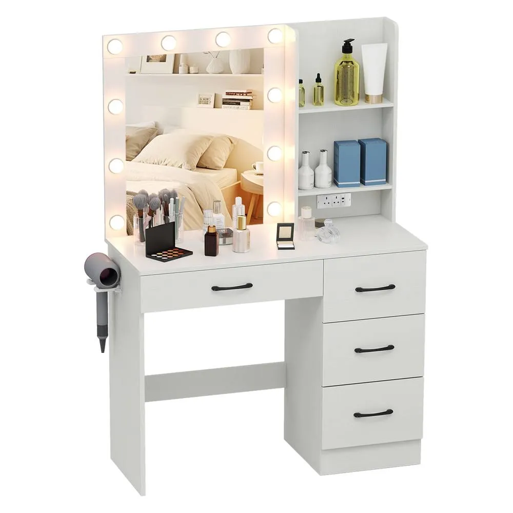 Costway Makeup Vanity Desk w/Lights Dressing Table w/Charging Station &Drawers in White
