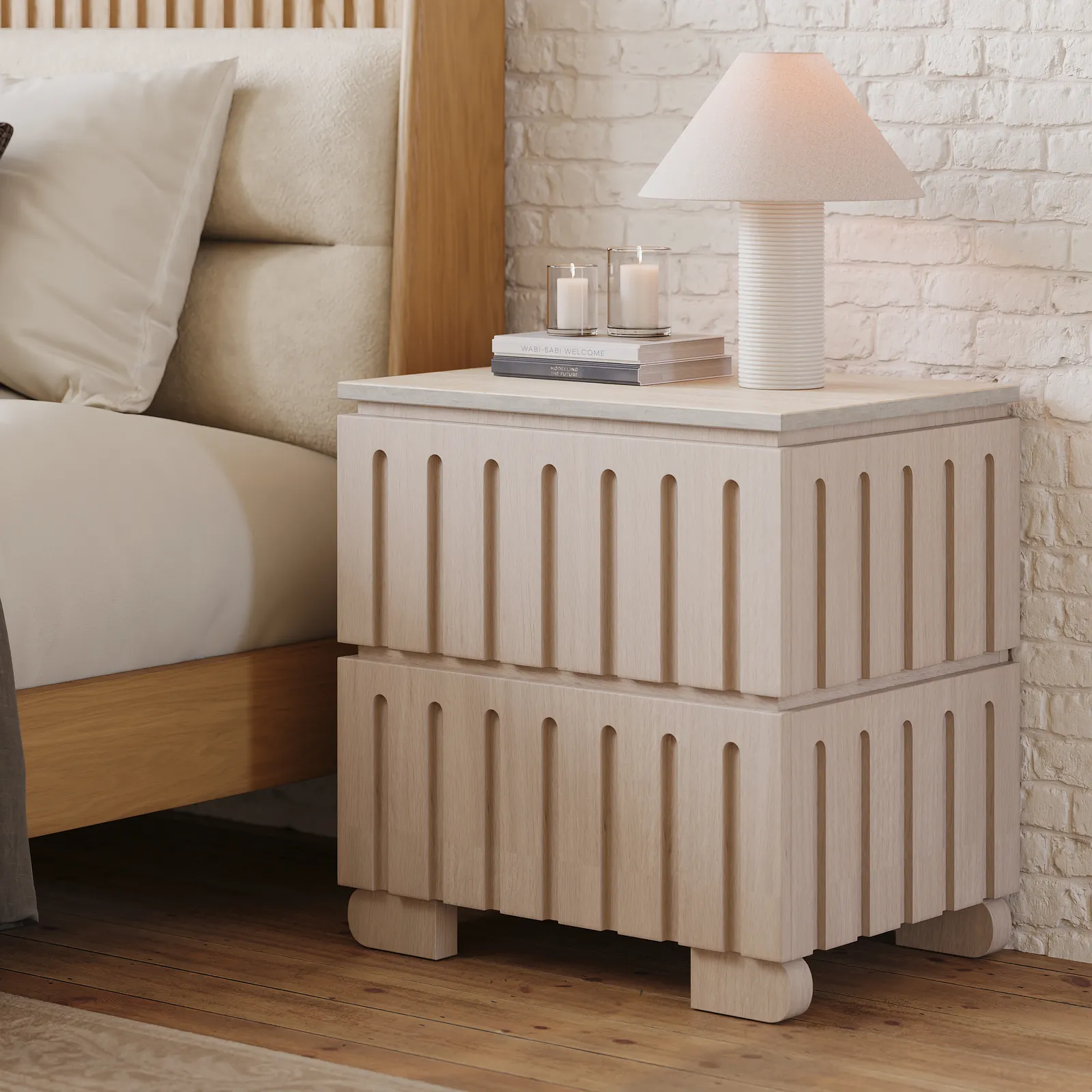 Ash Wood 2-Drawer Bedside Table with Faux Travertine Top
