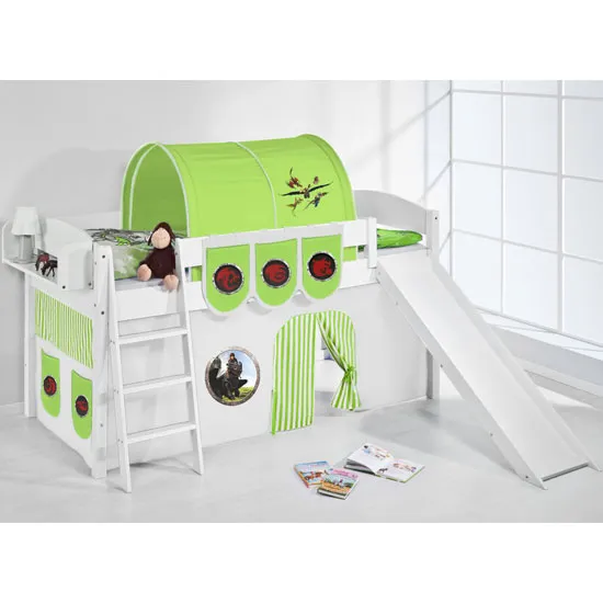 Lilla Slide Children Bed In White With Dragons Green Curtains