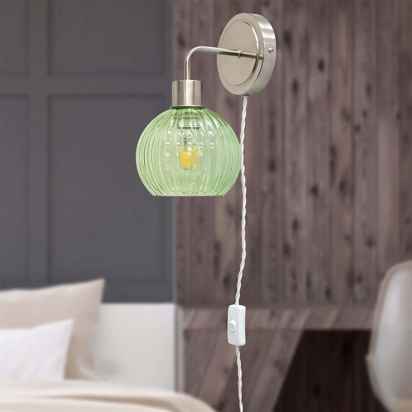 First Choice Lighting Toby - Satin Nickel Plug in Wall Light with Betchley Green Shade in Silver 3