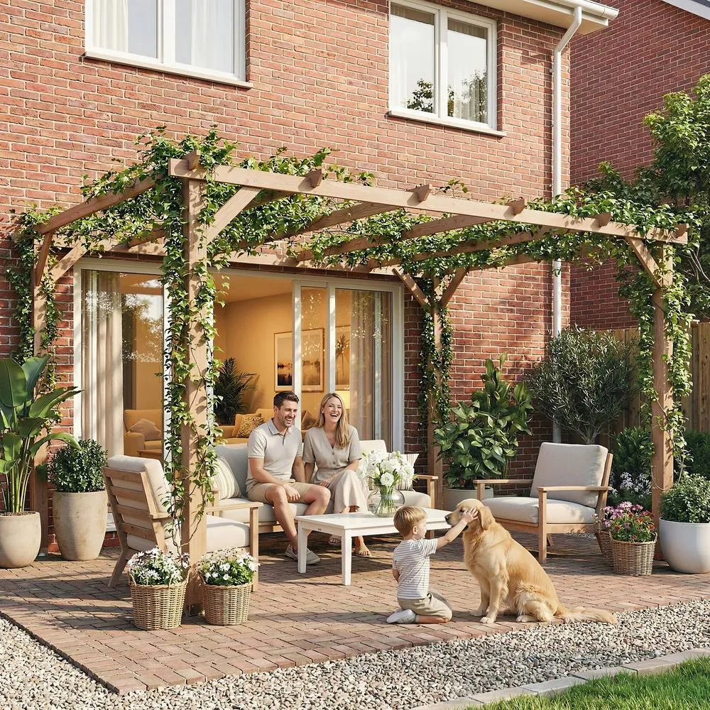 OUTSUNNY 4x3 m Garden Wooden Pergola Gazebo Grape Trellis, Maple Wood-effect in Natural