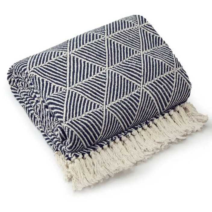New Edge Blinds NewEdgeBlinds Geo Diamond Collection Recycled Cotton Throw in Navy (70" x 100"), Blue