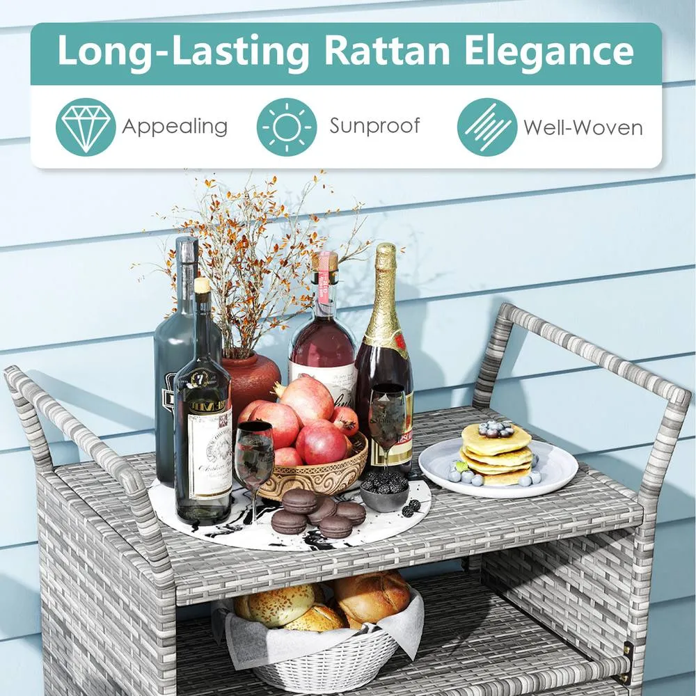 Costway Outdoor Bar Cart 3-Tier Patio Rattan Storage Wheels in Grey 6