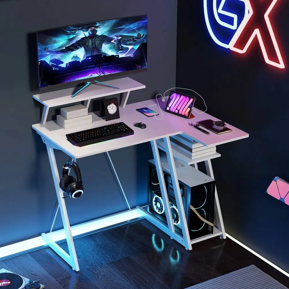 Costway L-Shaped Gaming Desk Small Computer Desk w/ Monitor Shelf & Outlets in White 4