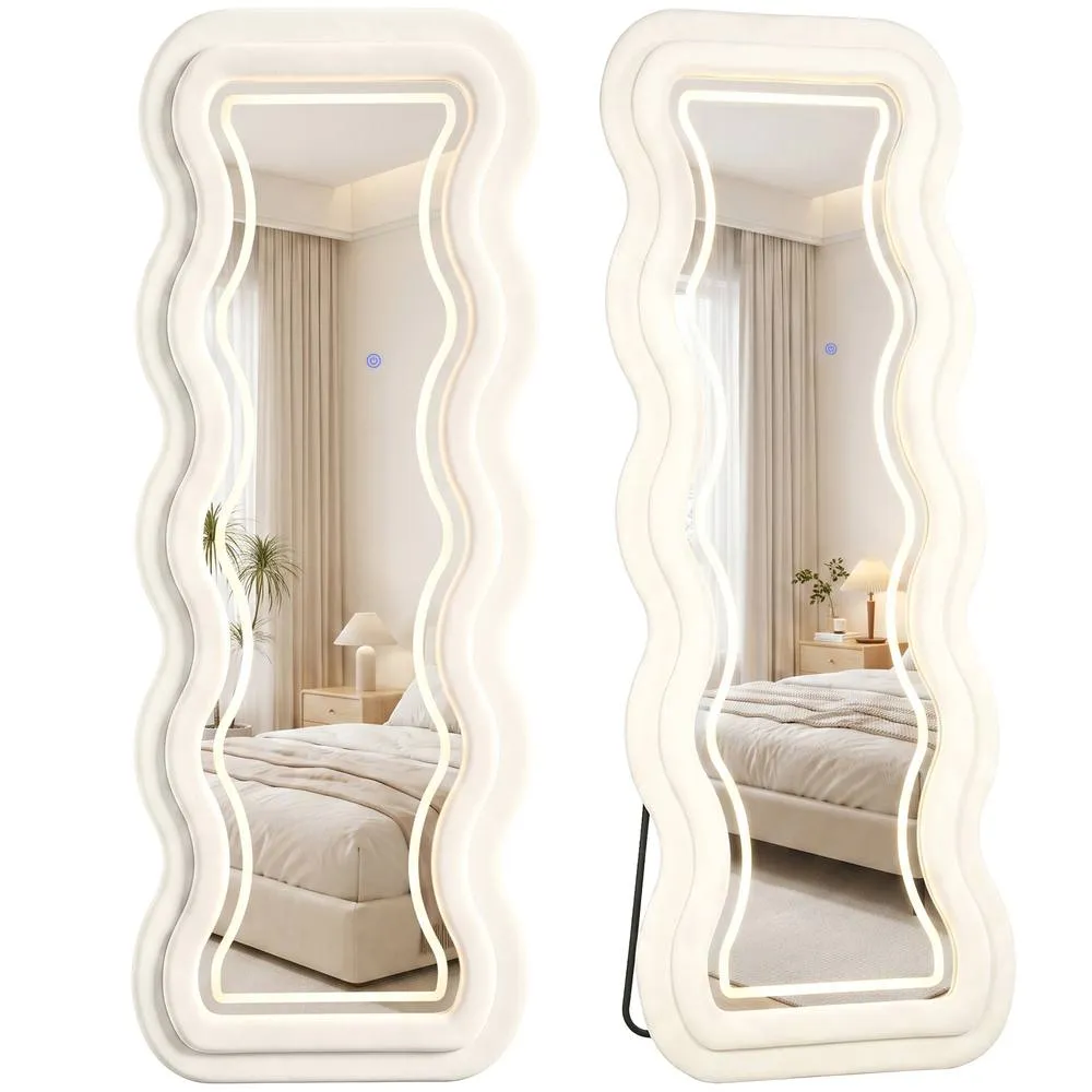 HOMCOM Full Length Mirror, 160 x 60 cm Velvet Wall Standing Mirror, Cream