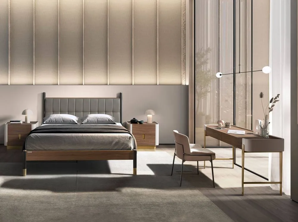 Angel Cerda Dark Grey Leatherette Double Bed, Walnut Veneer 4