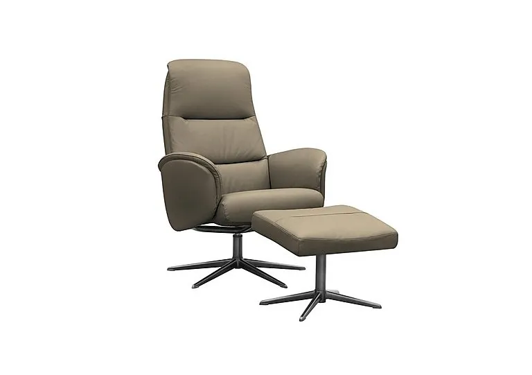 Falum Leather Swivel Recliner Chair and Footstool with Black Base
