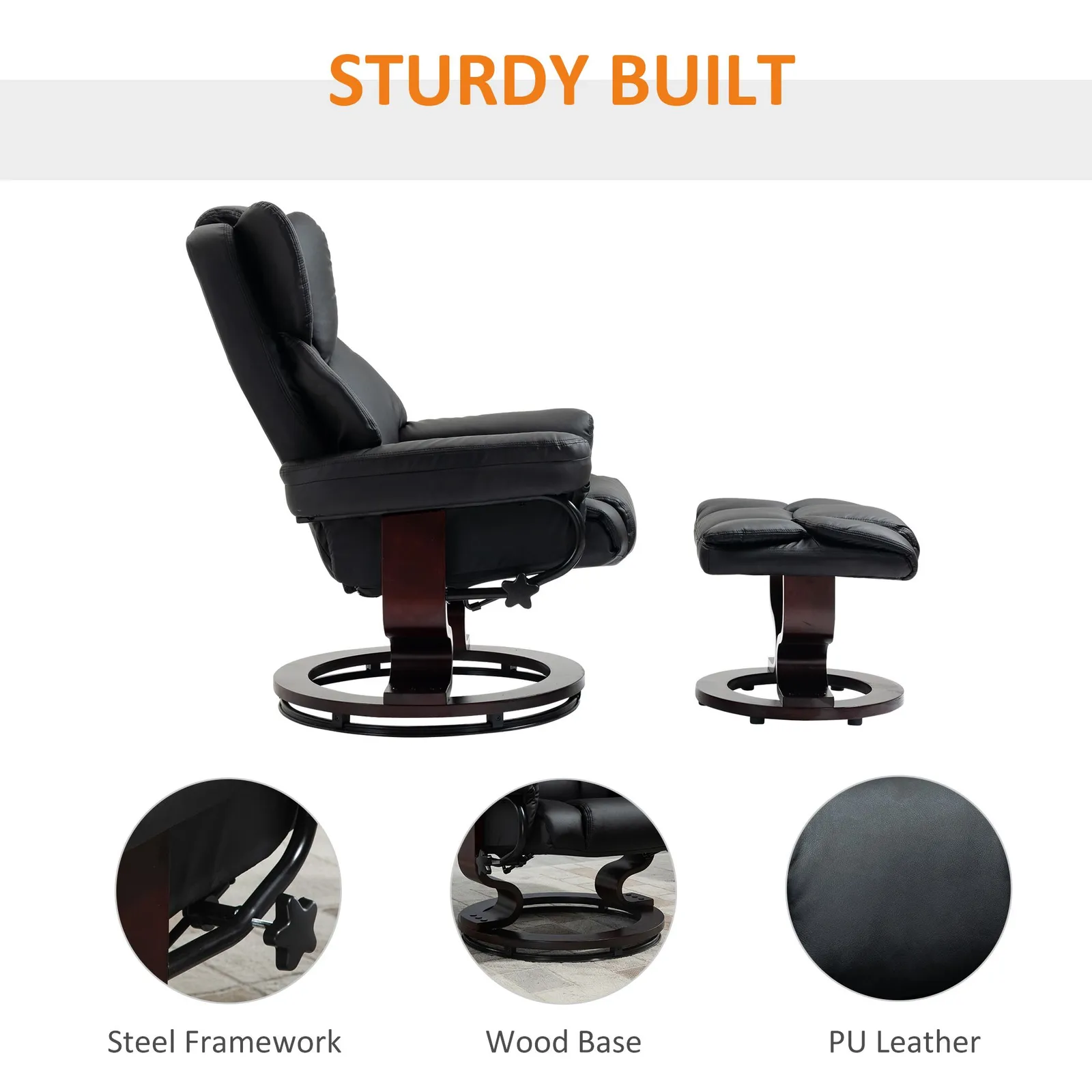 HOMCOM Padded PU Leather Manual Reclining Armchair Sofa Chair w/ Footstool in Black 6
