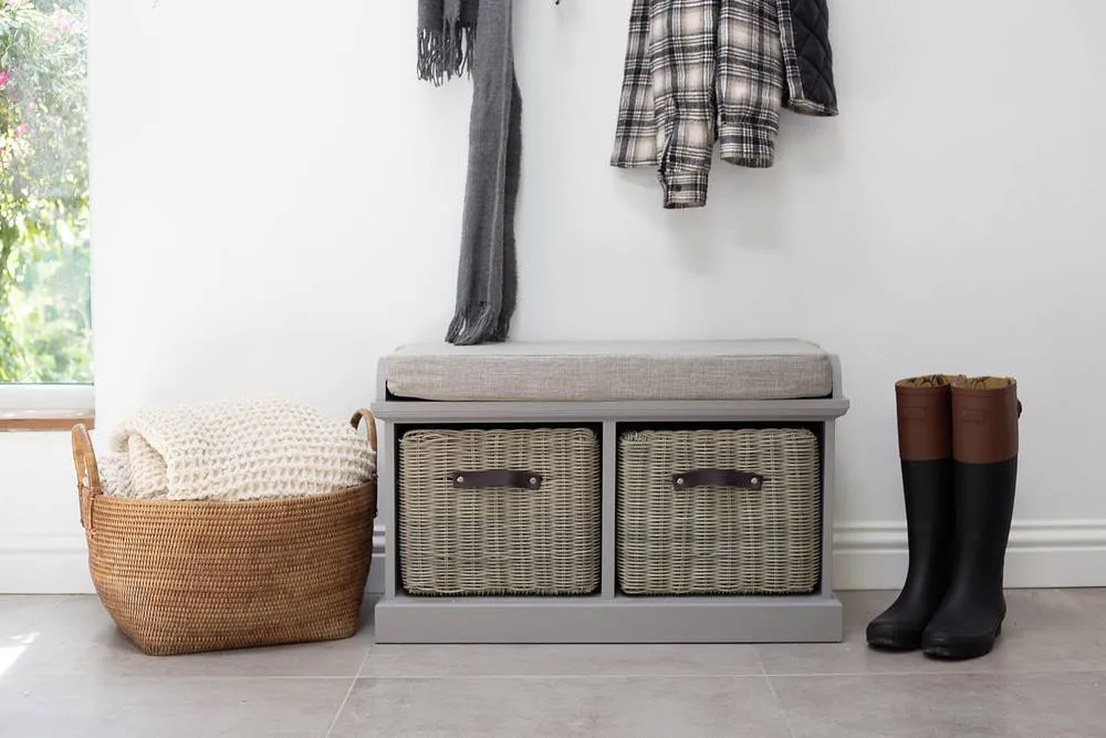 Statement Furniture Tetbury Bench with 2 Grey Faux Rattan Baskets & Grey Cushion in Light Grey 1