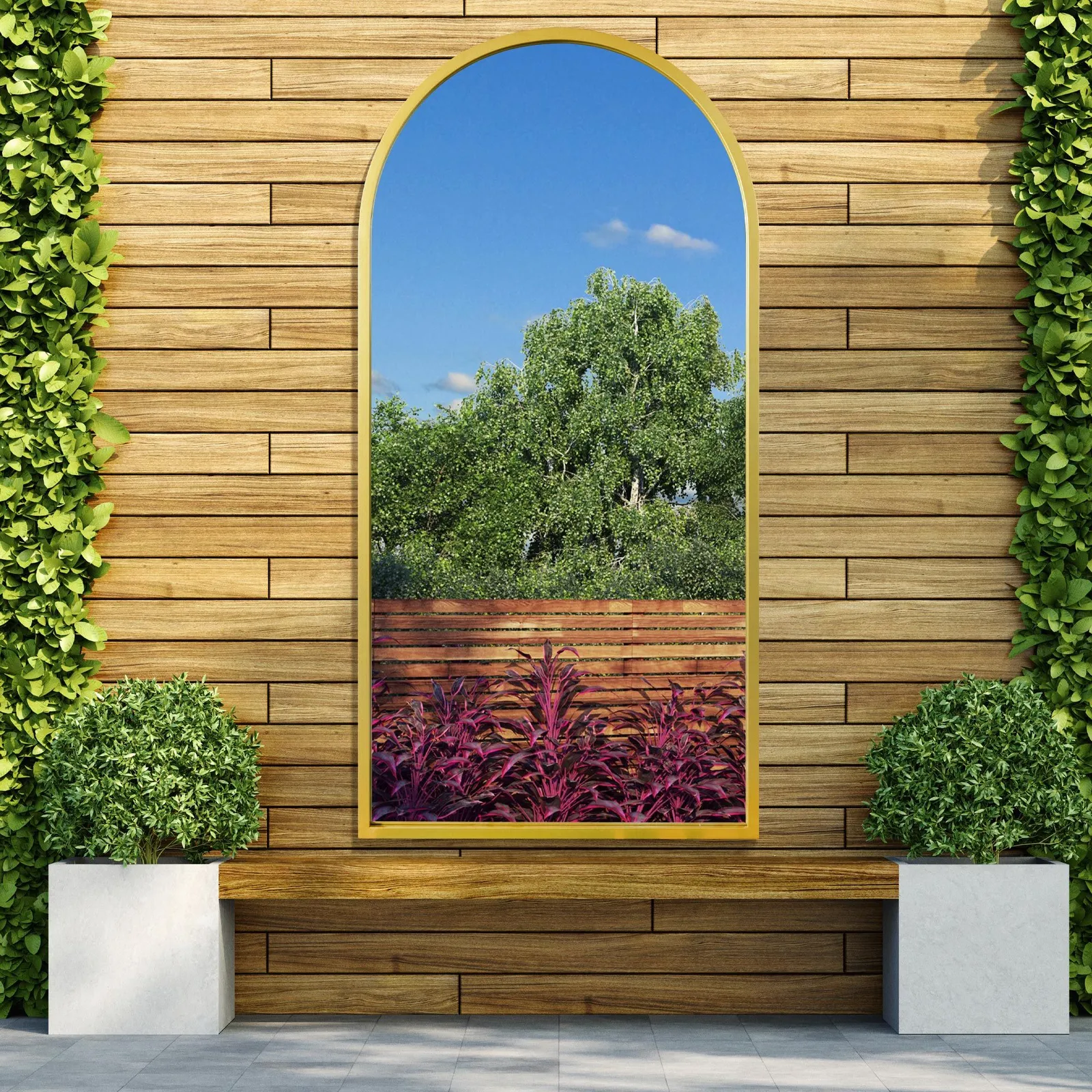 MirrorOutlet Gold Metal Framed Arched Wall Garden Mirror 55" X 27.5" (140 X 70CM) 2