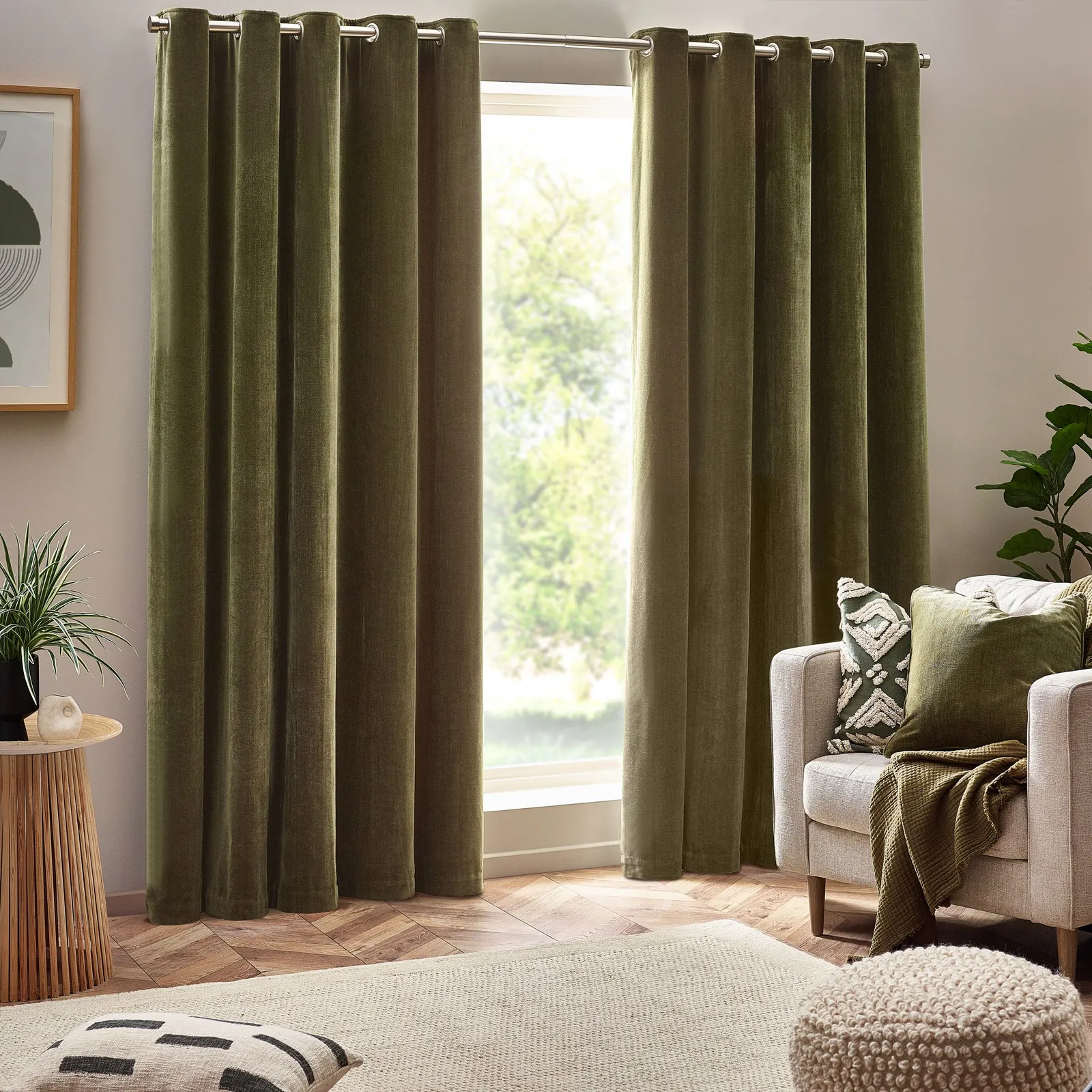Yard Heavy Chenille Velvet Room Darkening Eyelet Curtain Pair in Olive 2