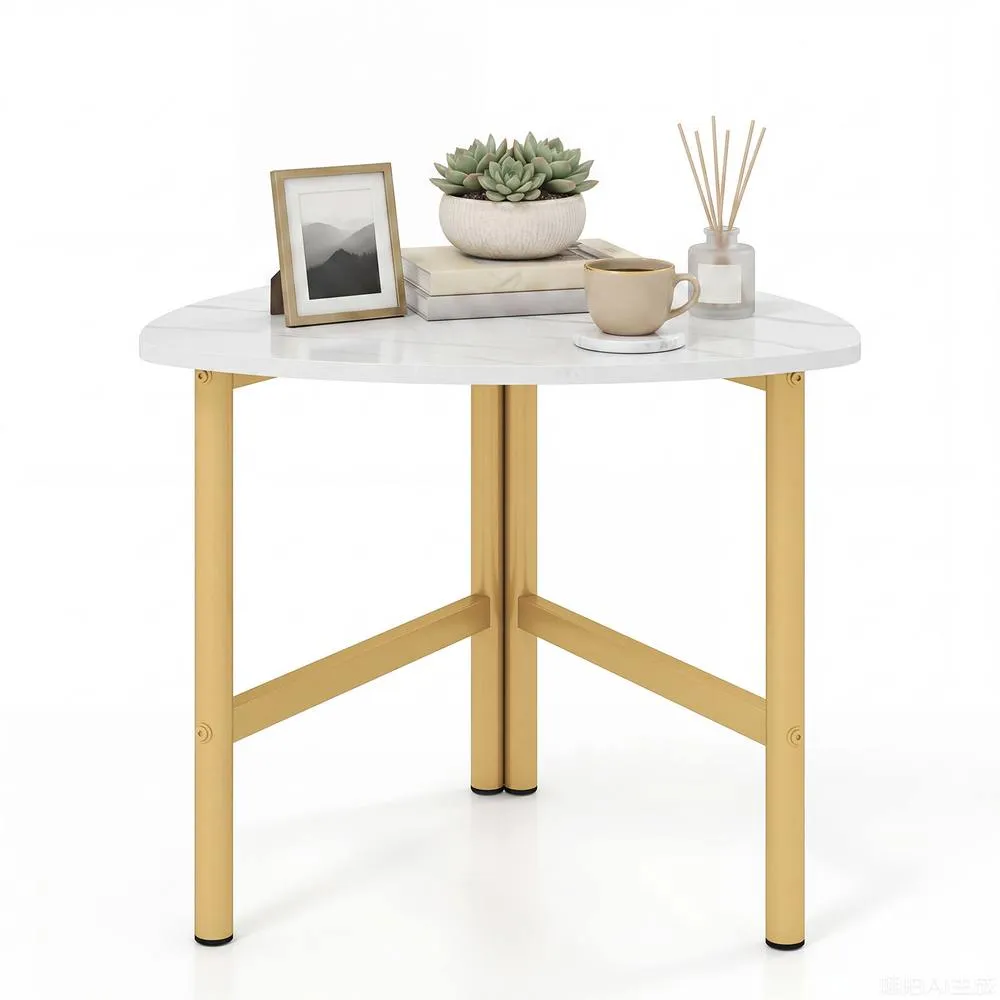 Costway Triangular Coffee Table with Faux Marble Tabletop for Living Room in White