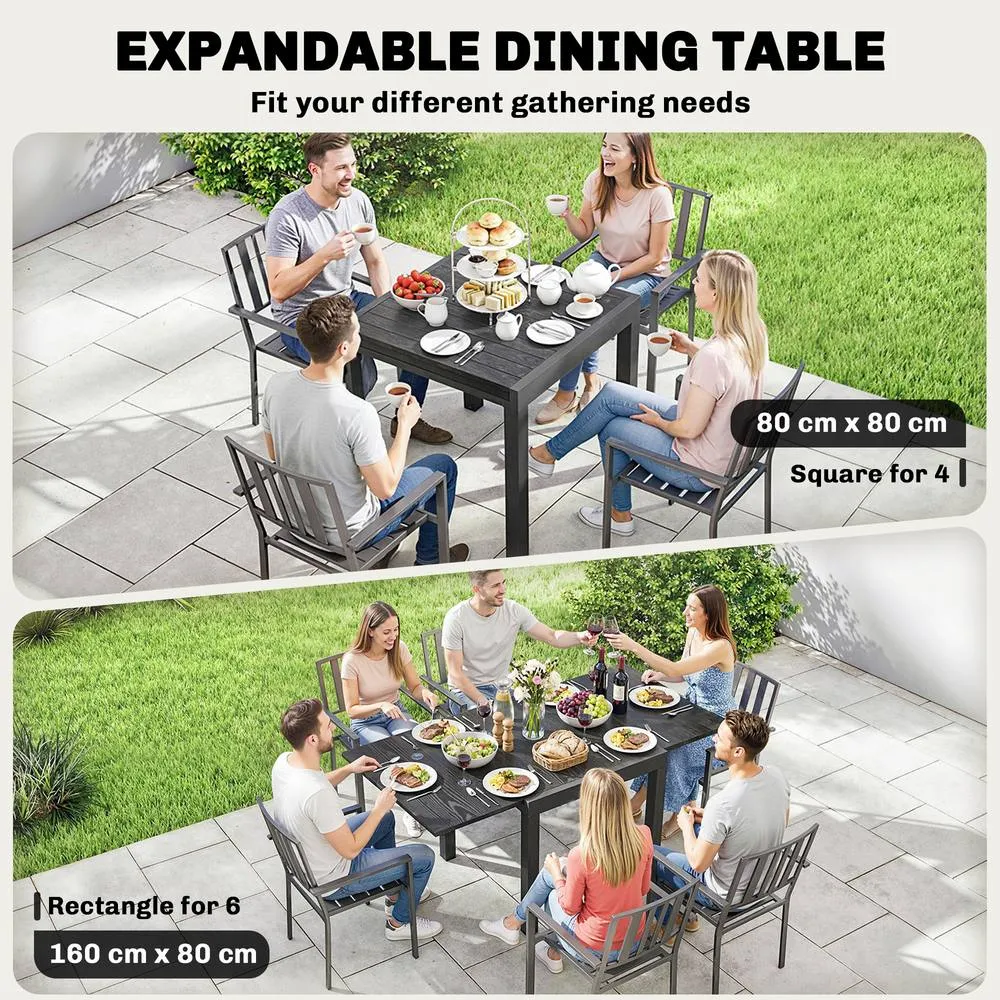 OUTSUNNY Aluminium Extending Garden Table with Faux Wood Slatted Top, Black 4