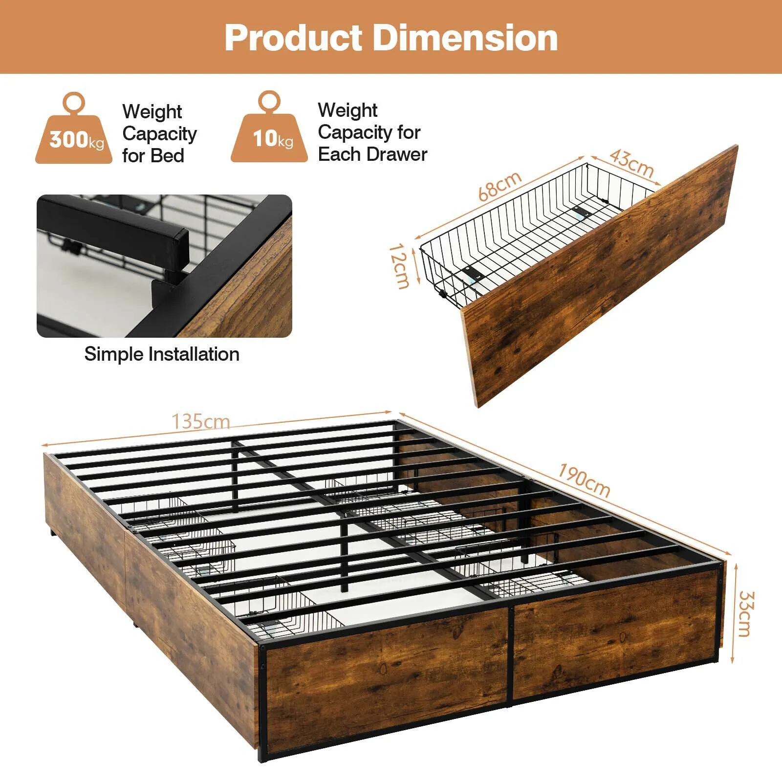 Costway Double Iron Bed Frame 4 Underbed Storage Drawers Platfrom Bed Slat Support Base in Brown 3