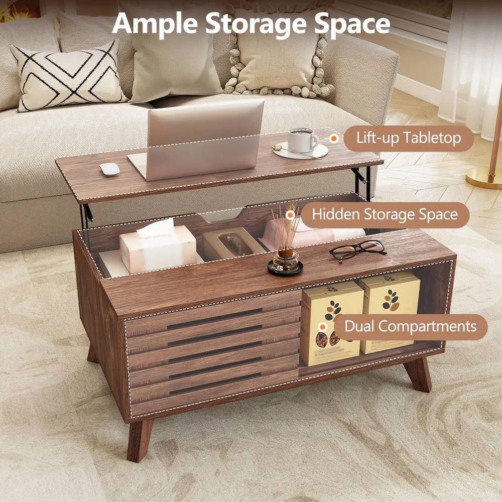 Costway 90 cm Center Table with Slatted Sliding Door & Tapered Legs in Brown 6