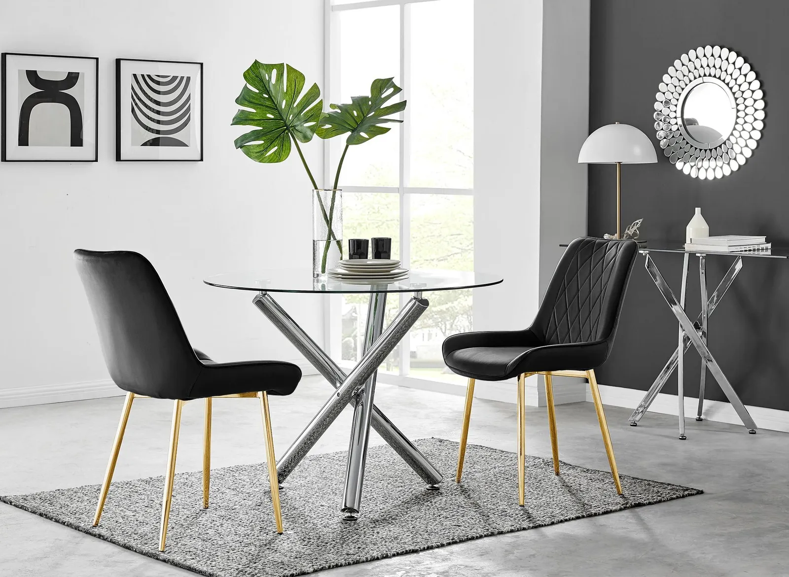 FurnitureboxUK Selina Round Glass Chrome Leg Dining Table & Pesaro Gold Leg Chairs in Black 1