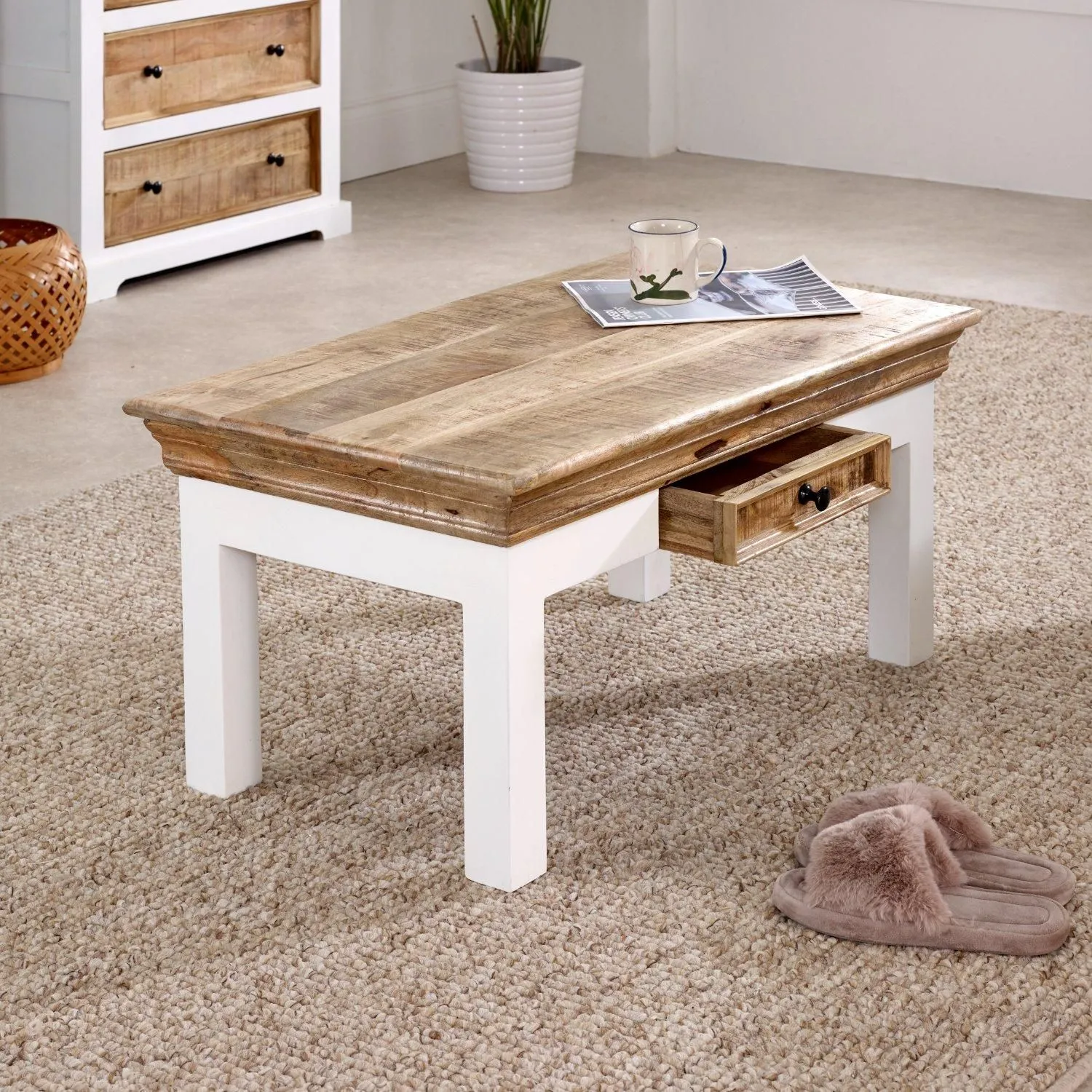 IH Design Curley Solid Mango Wood White Coffee Table With Drawer 2