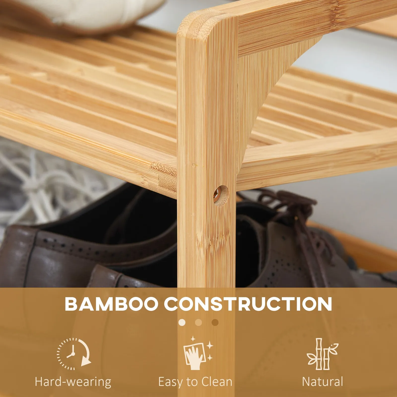 HOMCOM 3-Tier Bamboo Shoe Rack Storage Organiser with Slatted Shelves in Natural 5
