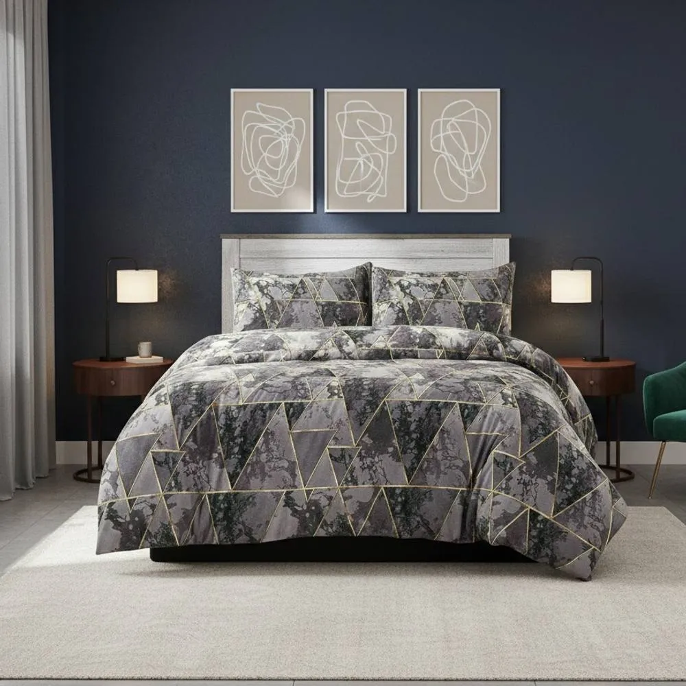 Snug City Geometric Triangle Duvet Cover Set Easy Care Bedding with Pillowcases in Grey