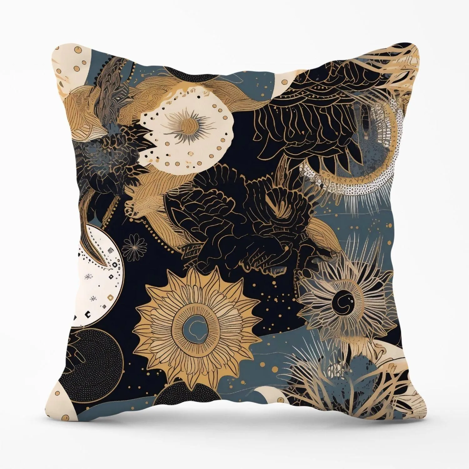 Warren Reed - Designer Abstract Blue Gold Moon Sun Outdoor Cushion in Yellow