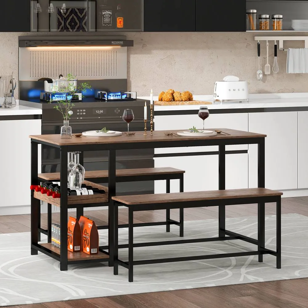 Costway 3 PCS Dining Table Set for 4 Dining Table & 2 Benches W/ Glass Holder in Brown 5