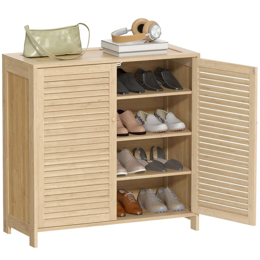 HOMCOM Bamboo Shoe Cabinet with Louvered Doors 14 Pairs Shoe Storage Cabinet in Natural 2