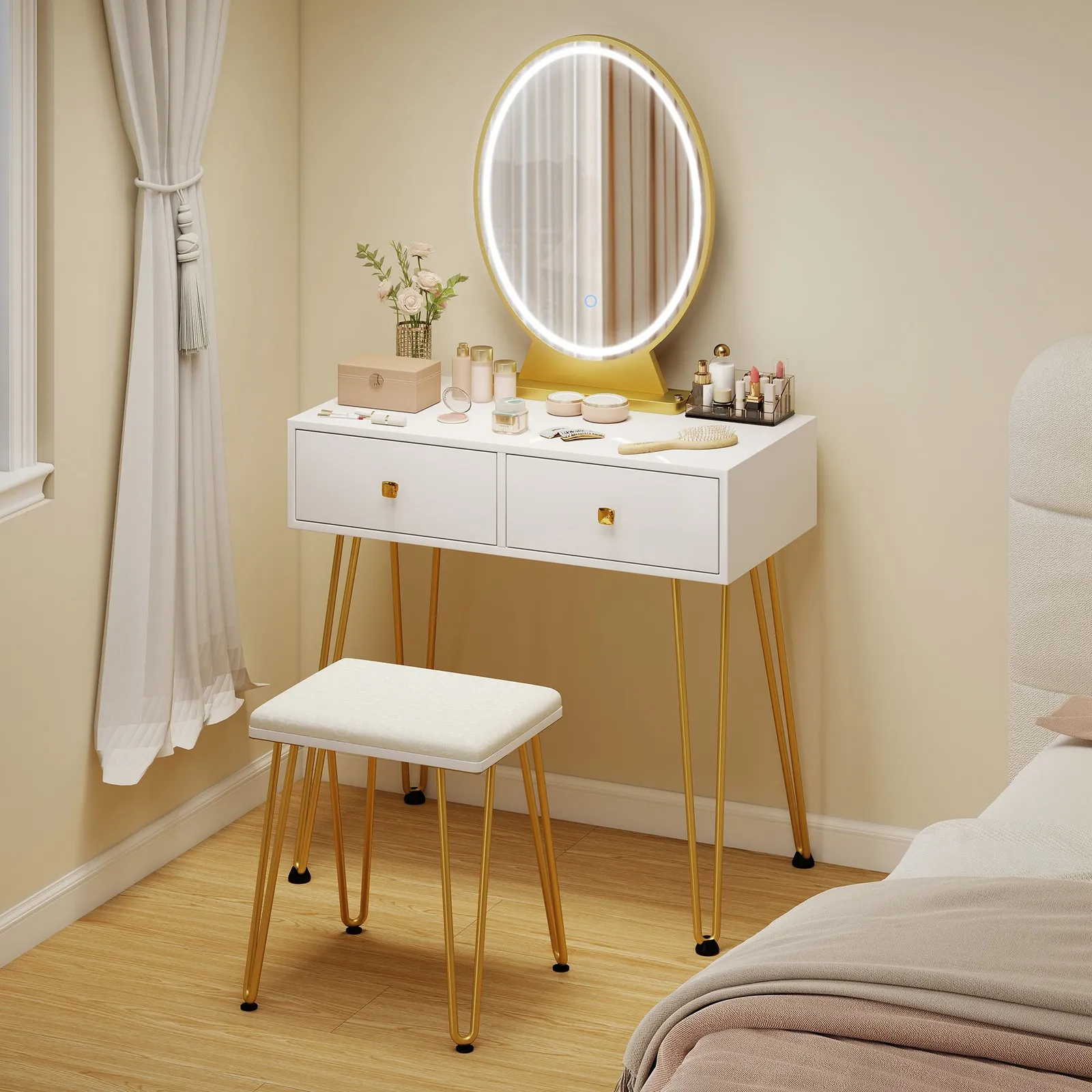 HOMCOM Vanity Table Set Dressing Table with 2 Drawers Cushioned Stool Makeup Table in White