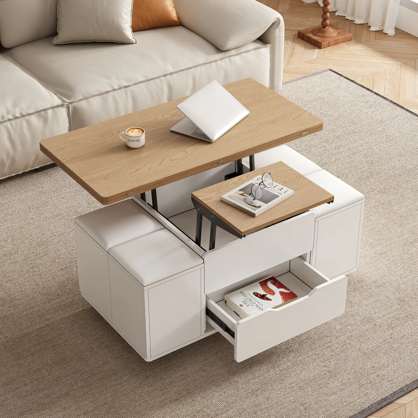 100 cm Lift-Top Foldable Natural &White Coffee Table with 4 Stools & Storage