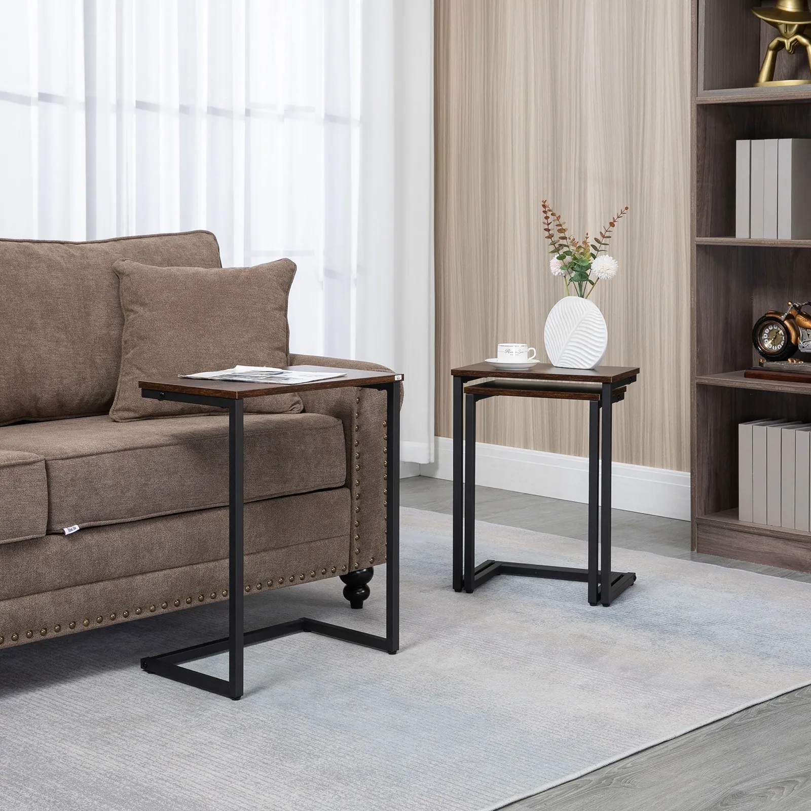HOMCOM C-Shaped Nesting Tables Set of 3 with Steel Frame, Rustic Brown