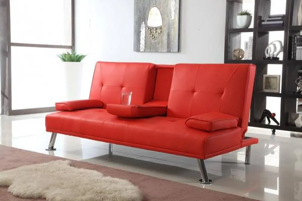 Comfy Living Ltd Faux Leather Italian Style Luxury Sofa Bed with Drink Cup Holder in Red 1