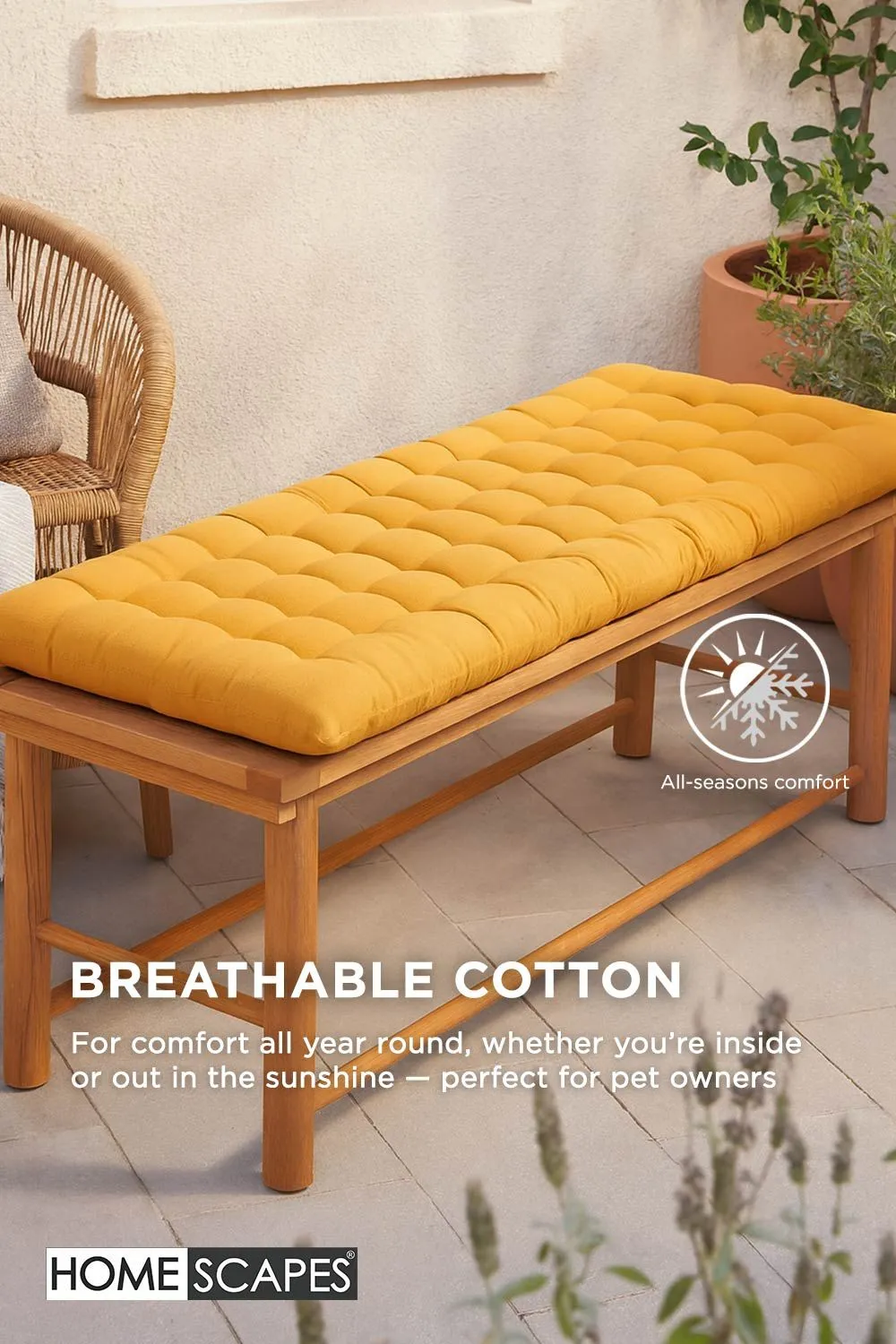 Homescapes Garden Bench Cushion Luxury 2 Seater Cotton Indoor Outdoor Pad, 108 x 42cm in Mustard 5