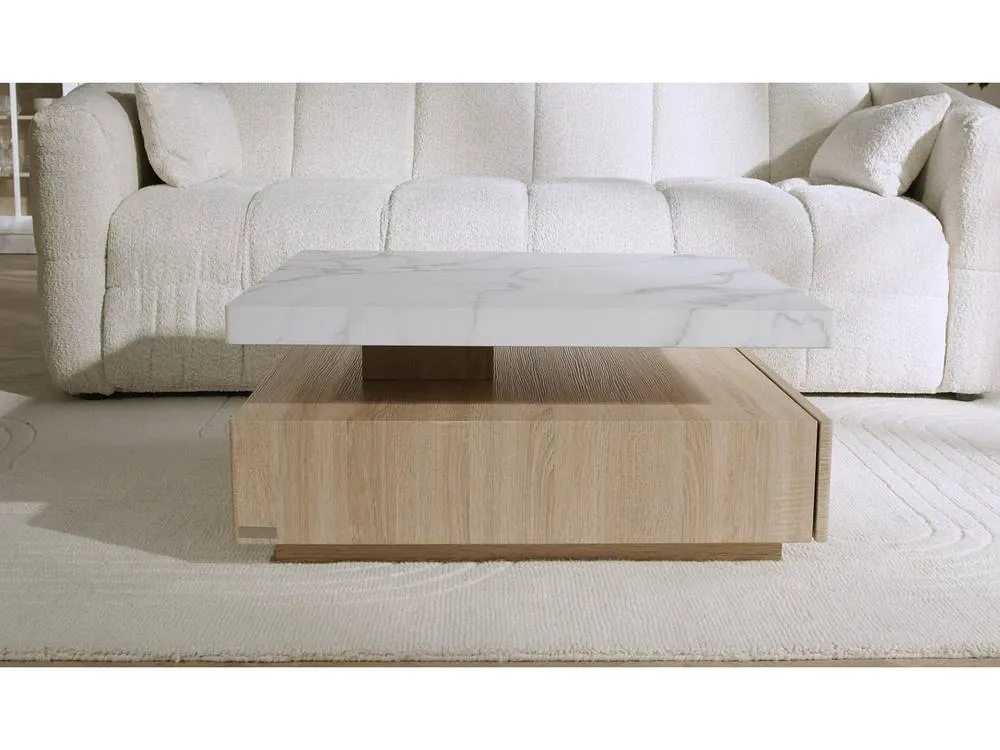 Vente-unique Swivel Coffee Table With 1 Drawer In MDF - White & Natural Marble in Light Oak 4