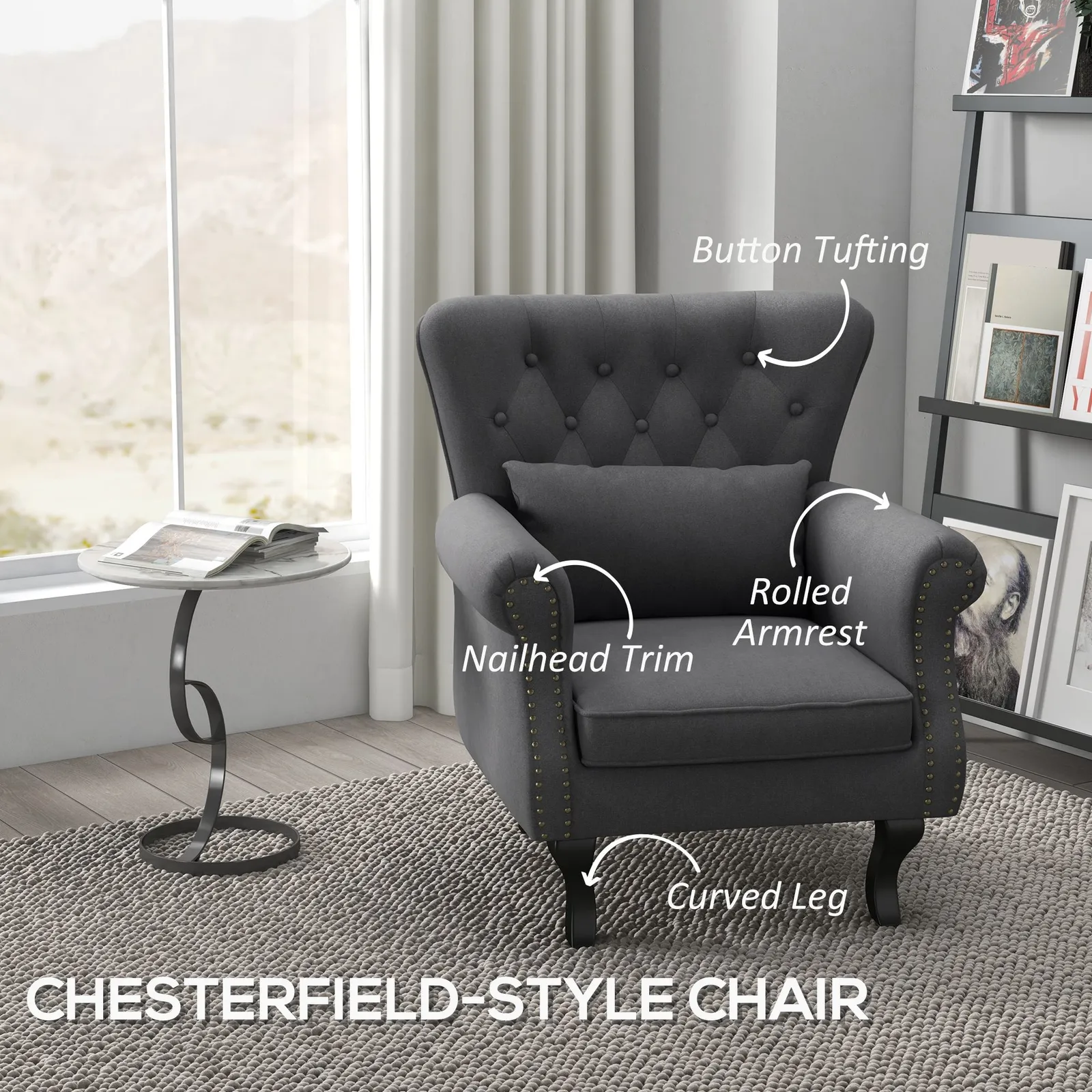 HOMCOM Chesterfield style Accent Chair Tufted Wingback Armchair with Pillow in Dark Grey 4