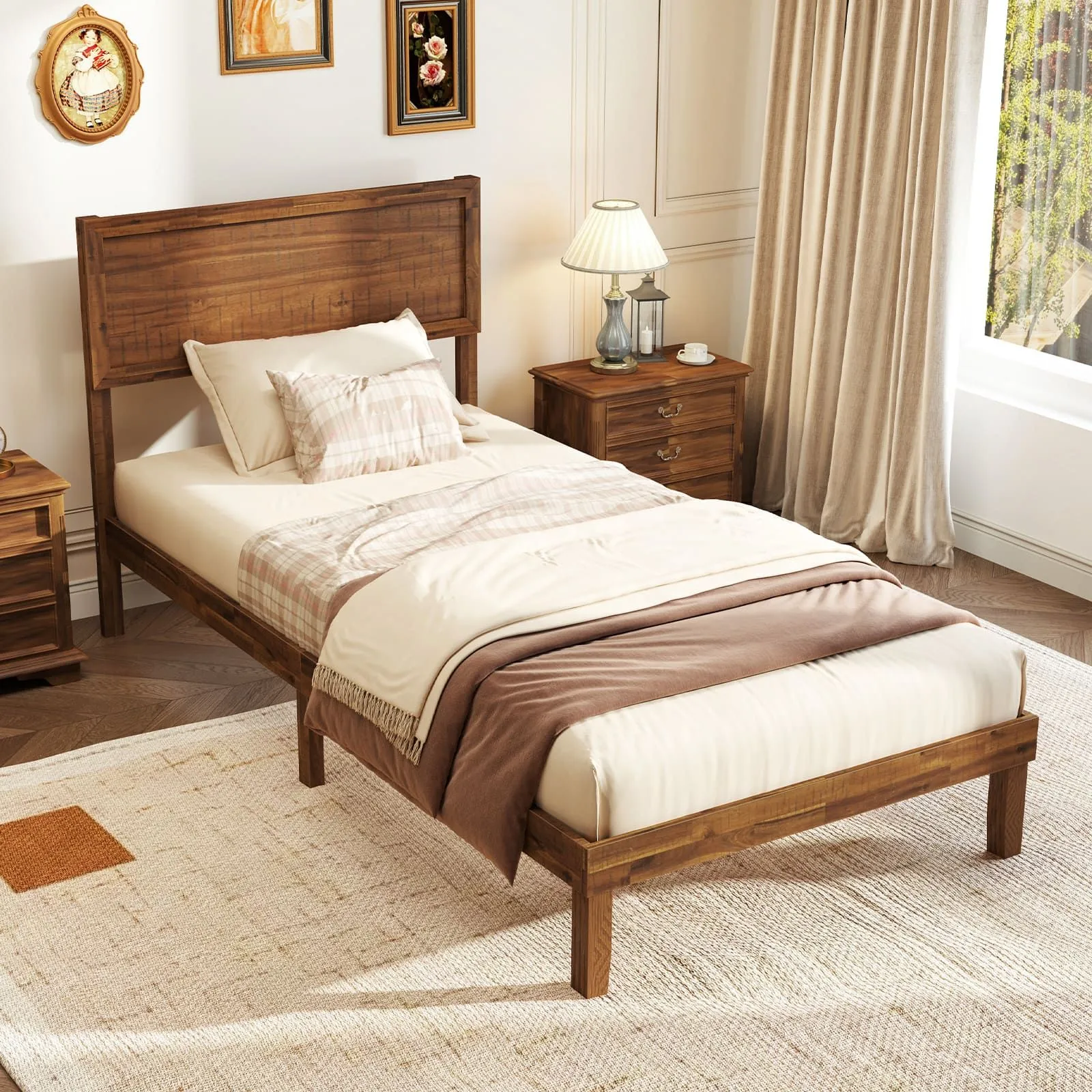 Costway Single Size Bed Frame Acacia Wood Platform Bed w/ Headboard in Walnut 2