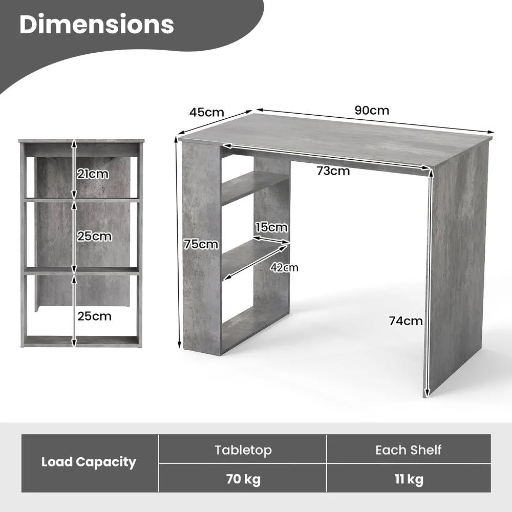 Costway Computer Desk 90cm Study Desk Wooden Writing Desk w/Bookshelf in Grey 2