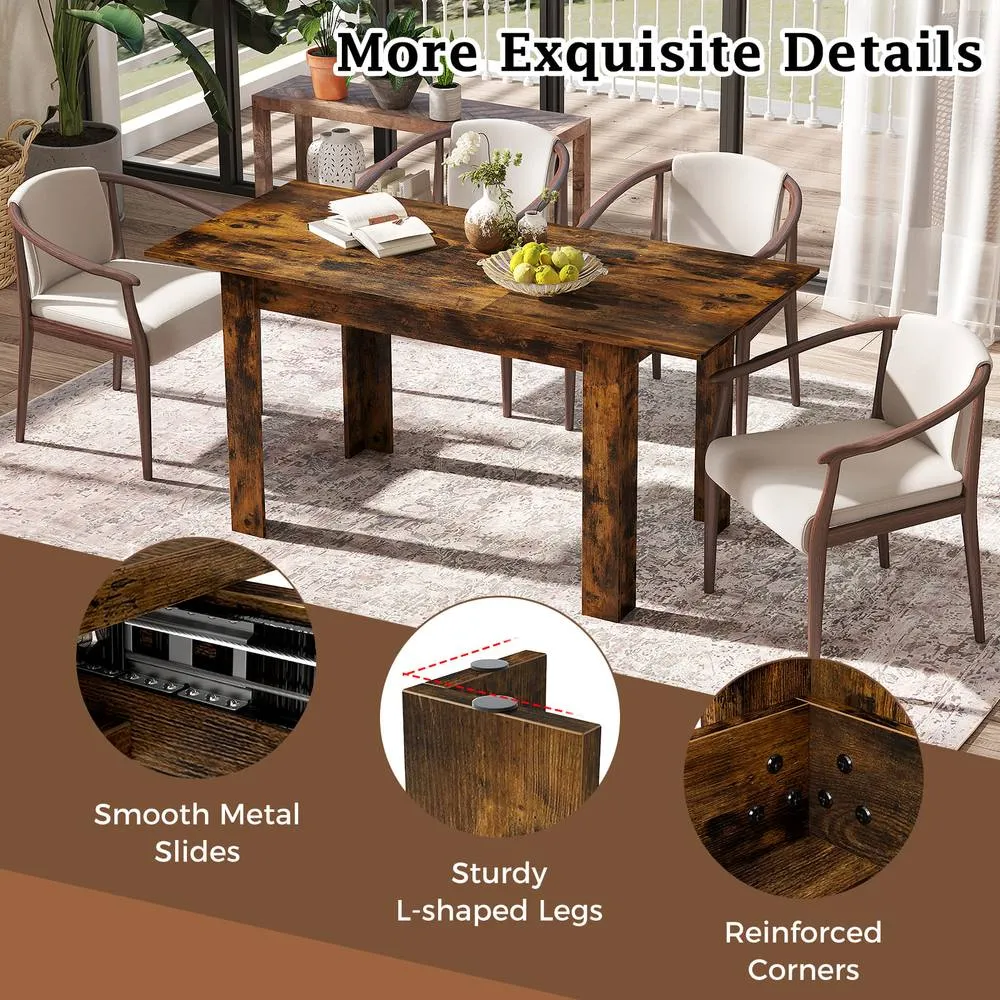 Costway Extendable Dining Table Modern Kitchen Table w/ L-shaped Legs Rustic Brown 6