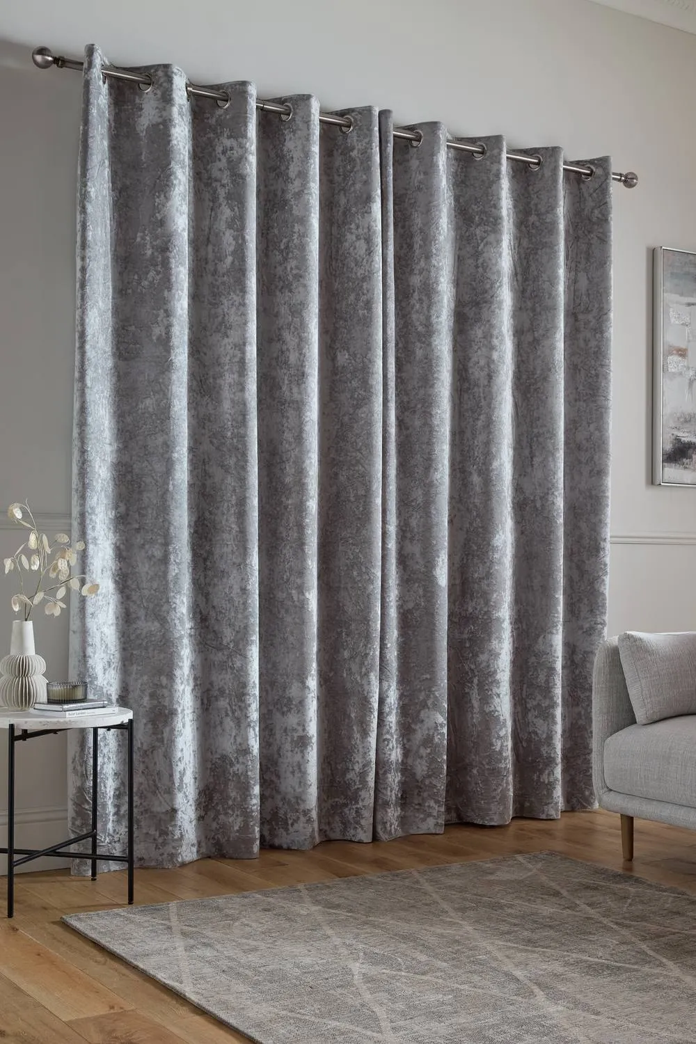 Catherine Lansfield 'Crushed Velvet' Lined Eyelet Curtains in Silver 2