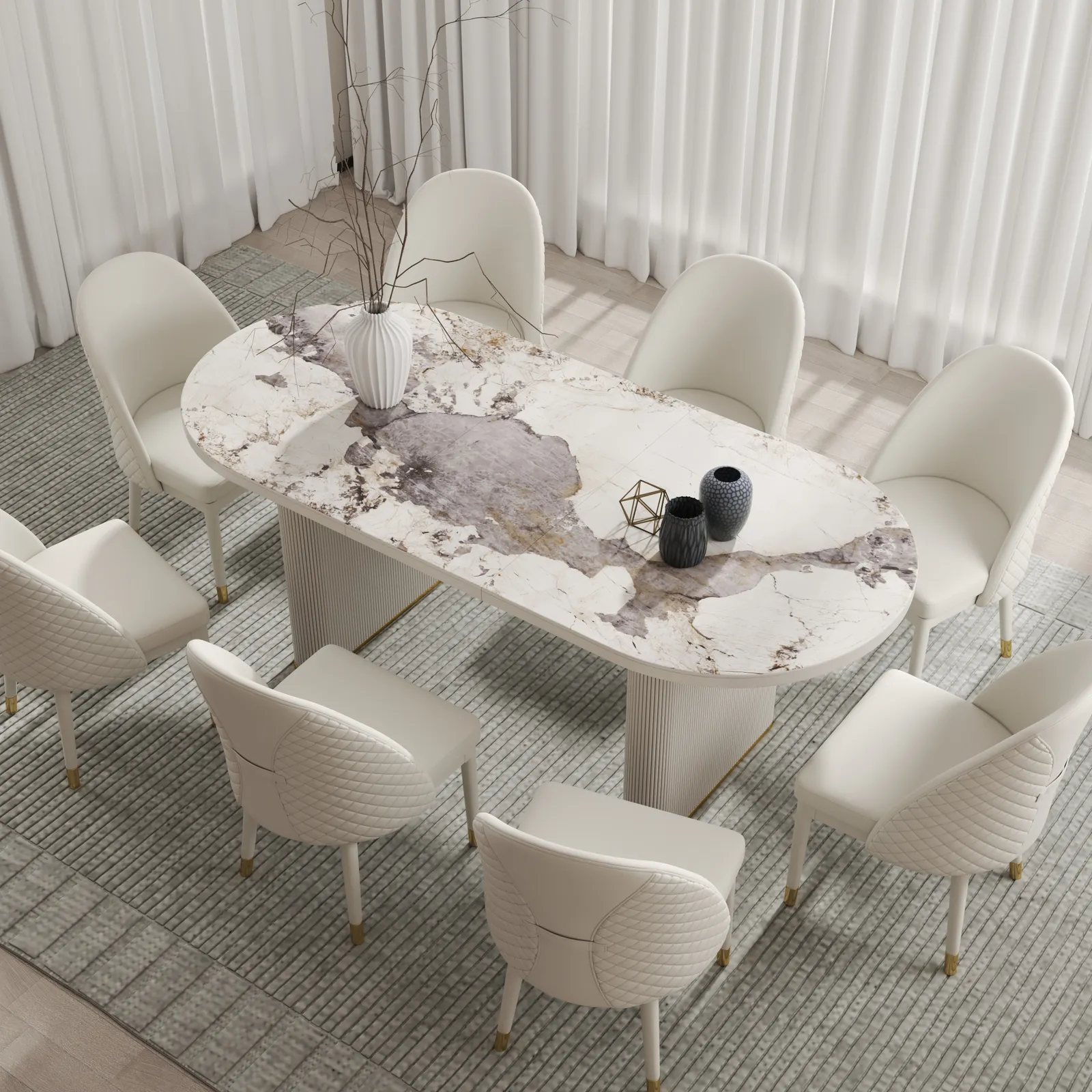 200 - 240 cm Oval Extendable Sintered Stone Top Dining Table White Seats 6-10