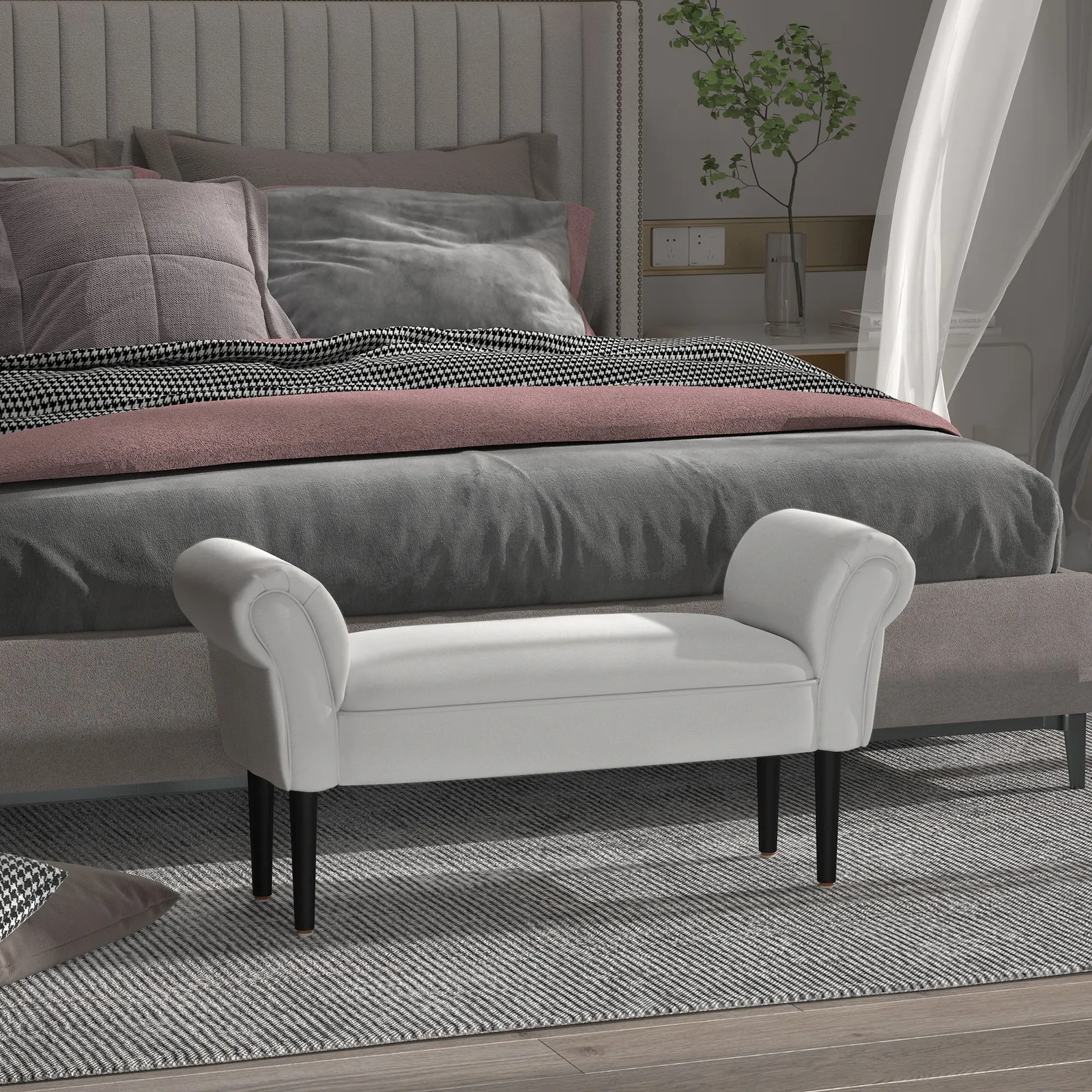 HOMCOM Bed End Bench Sofa Lounge Window Padded Seat Hallway with Wooden Leg in Light Grey
