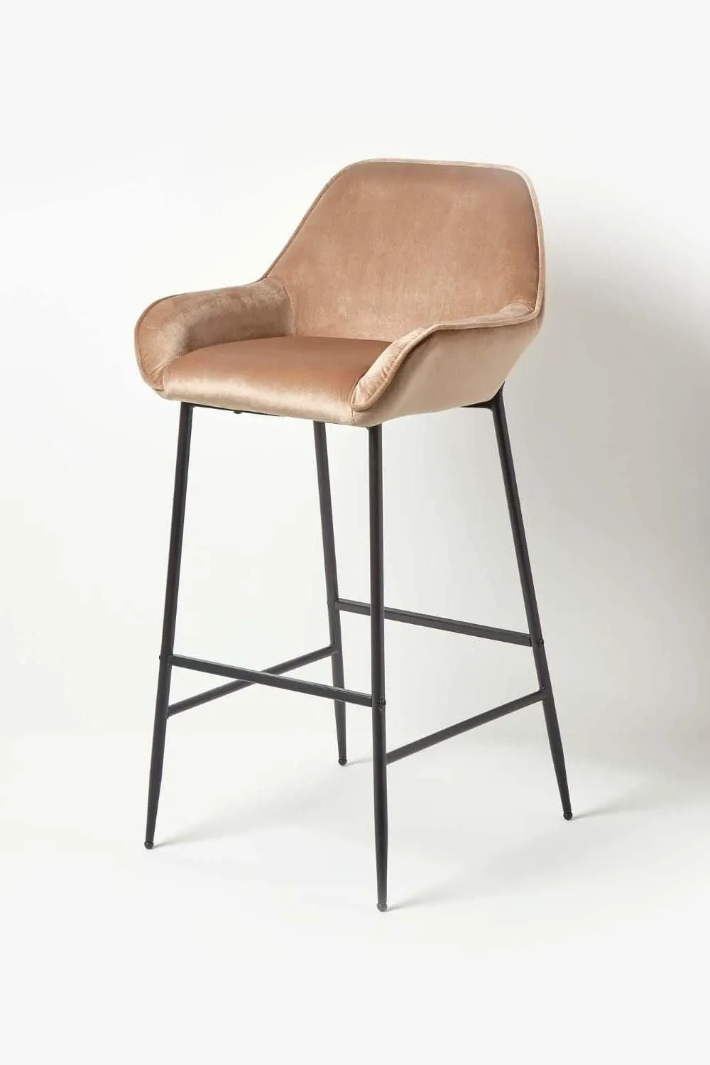 Homescapes Eton Velvet Bar Stool Luxury Upholstered Seat with Arm & Backrest in Beige