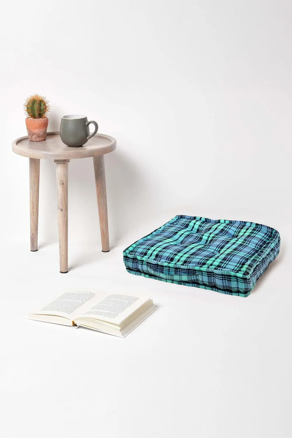 Homescapes Cotton Black Watch Tartan Floor Cushion in Blue 2