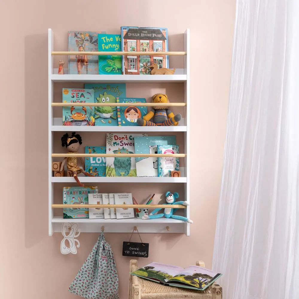 Nöa and Nani Elene Display Wide & Large Shelf Bookcase Wall Mounted & 4 Coathooks in White