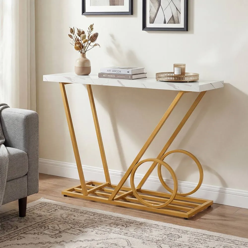 Costway 100CM Modern Console Table Faux Marble Entryway Table Sofa Side Table in White 5