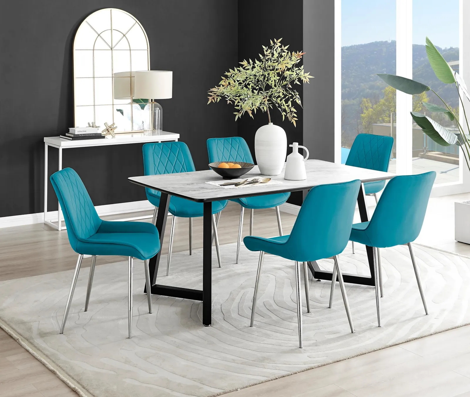 FurnitureboxUK Carson White Marble Effect Dining Table & 6 Pesaro Silver Chairs in Blue 1