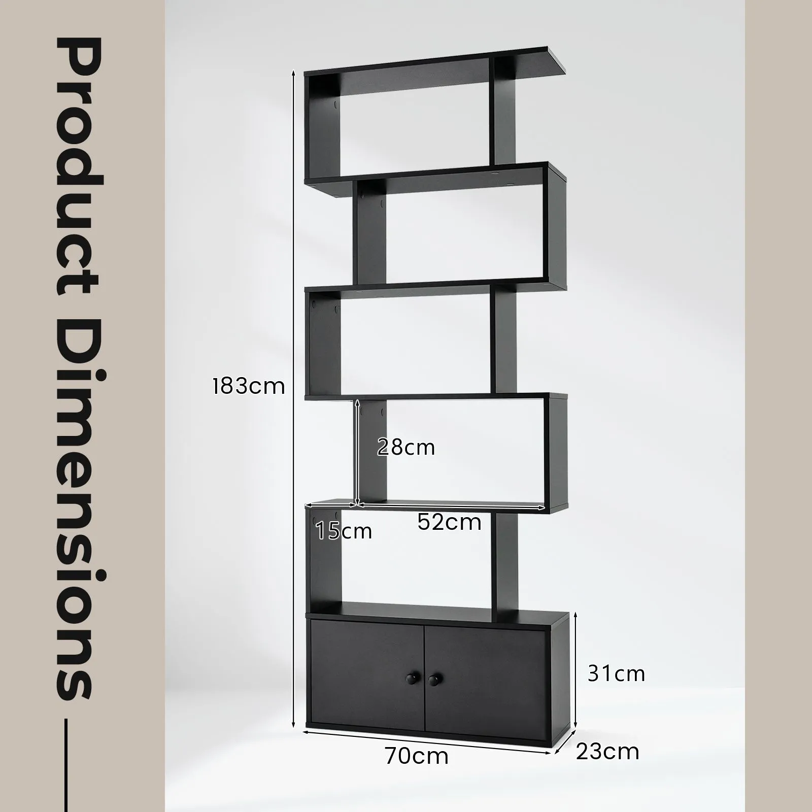 Costway 5-tier S-Shaped Bookcase Industrial Display Rack with Cabinet Wooden Bookshelf in Black 2