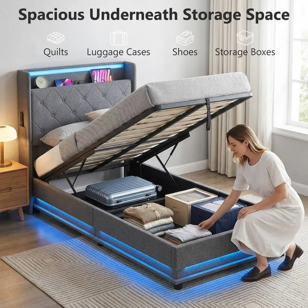 HOMCOM Lift up Storage Bed Frame with RGB LED Lights, 90 x 190cm, Dark Grey 4