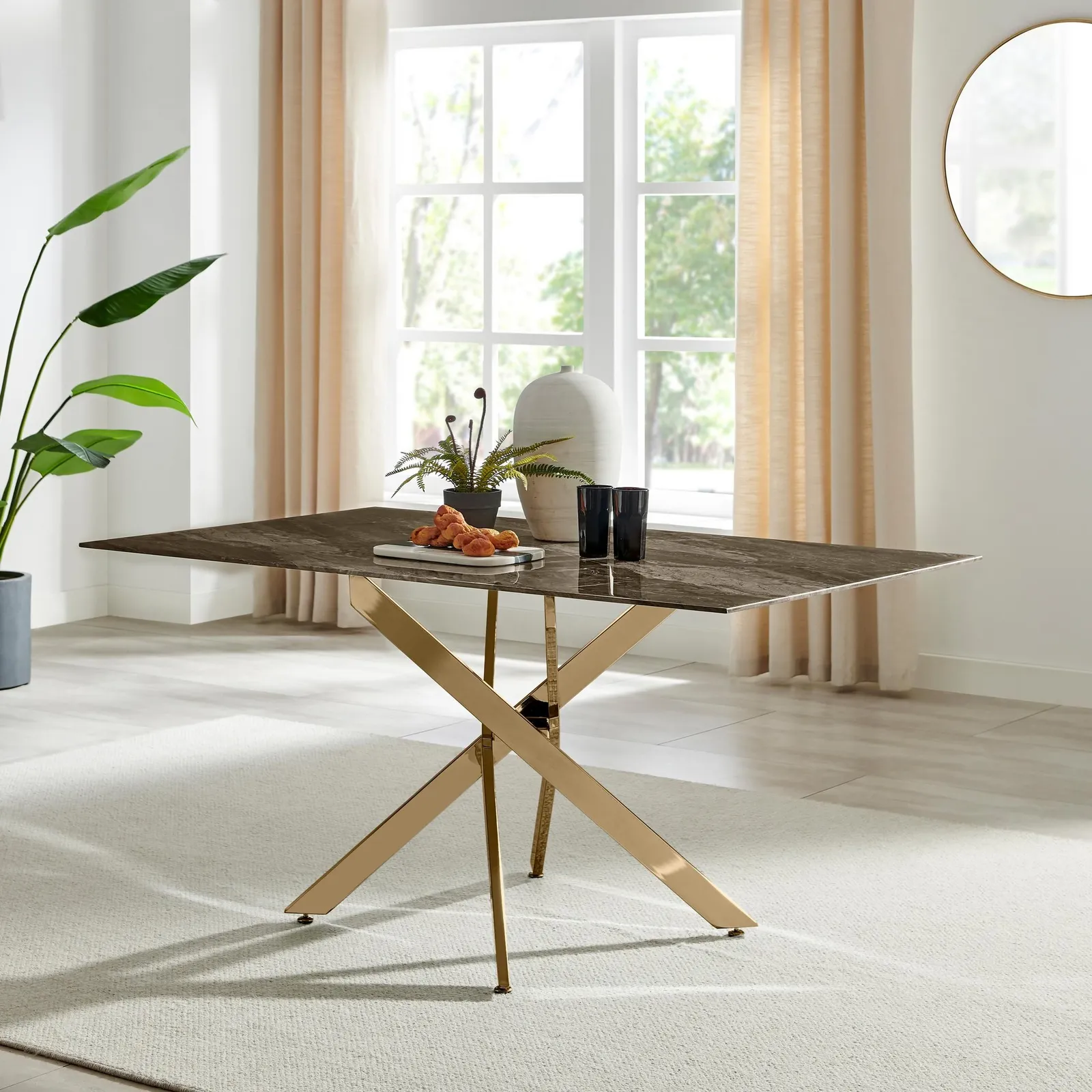 FurnitureboxUK Leonardo 6-Seater Dining Table With Marble Effect Glass Top & Gold Metal Legs in Dark Brown 2